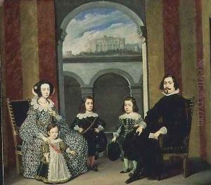 Francesco Tapia Conte del Vasto with his Family seated in an interior of the Palazzo Tapia with a View of the Castello di Sant Elmo by Wolfgang Heimbach