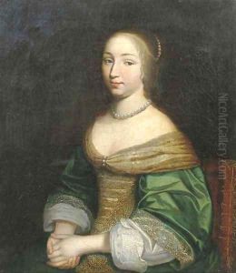 Portrait of a young lady, seated half-length, in a green and gold embroidered dress, with a pearl necklace by Adriaen Hanneman