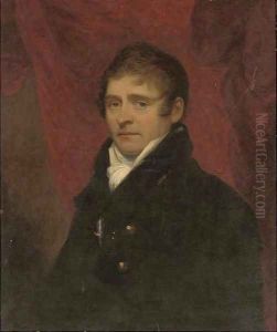 Portrait of Archibald Little of Shabden Park, Surrey, bust-length, in a black coat before a red curtain by Howard, H.