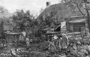 A peasant woman and children in a kitchen garden A peasant woman and children in a kitchen garden