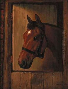 A chestnut hunter at a stable door by Wilson Hepple