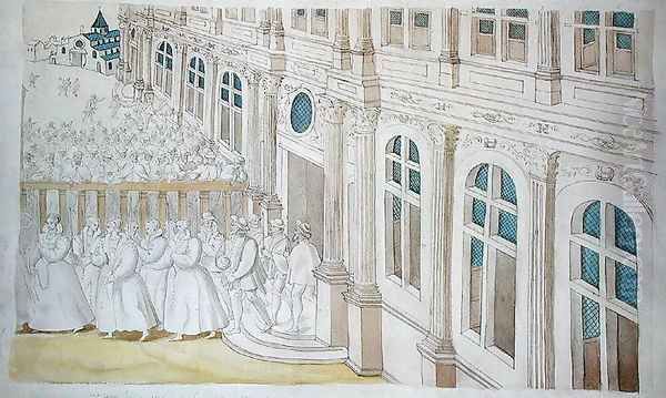 Procession of Queen Louise de Lorraine Vaudemont 1553-1601 Leaving the Palais du Louvre for the Maison de Charite - view 1