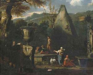 A capriccio landscape with figures resting and conversing near the pyramid of Caius Cestius by or Huchtenburgh, Jan van Huchtenberg