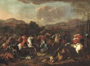 A cavalry skirmish in an extensive river landscape, said to be Prince Eugene de Savoy at the Battle of Blenheim, 1704 by or Huchtenburgh, Jan van Huchtenberg
