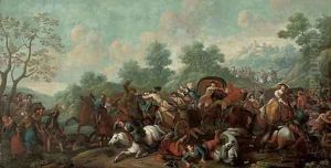 A convoy being attacked by brigands on a mountain pass by or Huchtenburgh, Jan van Huchtenberg