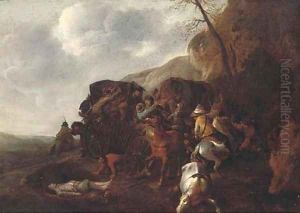 A wagon being ambushed on a mountain pass by or Huchtenburgh, Jan van Huchtenberg