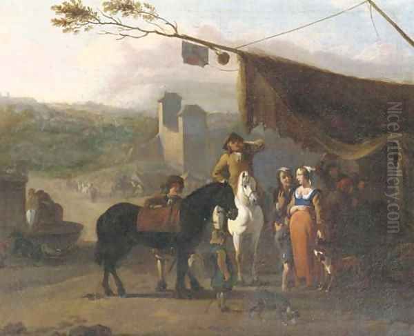 Travellers on horseback taking refreshments at an encampment near a fortified town, a water-basin with horses drinking nearby - view 1