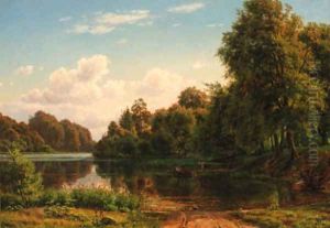 A wooded river landscape with a fisherman and figures by a landing stage by Carsten Henrichsen