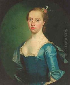 Portrait of Anne Evans Vowell (b.1720), nee Hamilton, in a blue dress with lace collar and blue wrap, feigned oval by William Hoare Of Bath