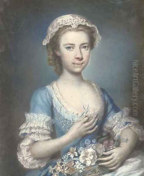 Portrait of a young lady, half-length, holding a bouquet of flowers - view 1