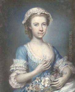 Portrait of a young lady, half-length, holding a bouquet of flowers by William Hoare Of Bath
