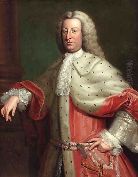 Portrait of a gentleman, said to be Henry Tenth, Lord Teynham, three-quarter length, in a red velvet and fur cloak and a wig - view 1