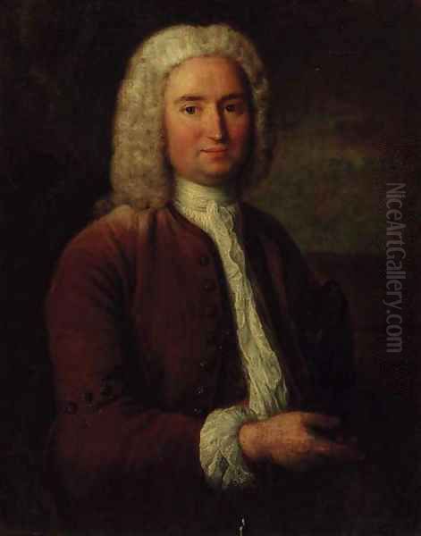 Portrait of a gentleman, three-quarter-length, in a brown coat and waistcoat, a tricorn under his left arm, in a landscape - view 1