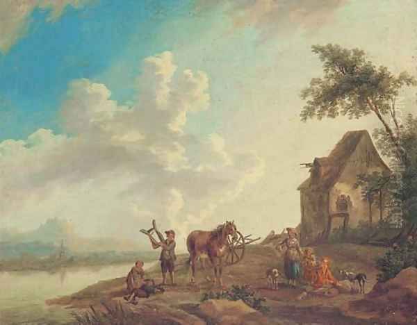 A river landscape with peasants making music by a cottage - view 1