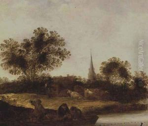 A Wooded river landscape by Maerten Fransz van der Hulst