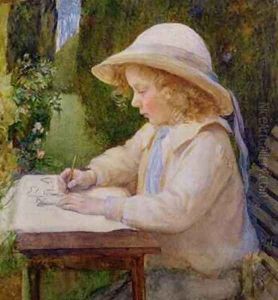Girl drawing on a garden table
