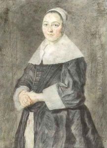 Portrait of a lady, small three quarter length, in a black dress with a white collar and white cuffs by Frans Hals