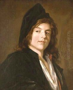 Portrait of an artist in a black cap and coat, standing by an easel