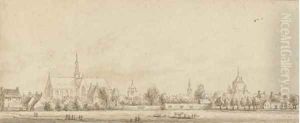 View of a cathedral town by Jan The Younger Vermeer Van Haarlem