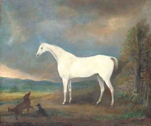 A grey hunter with two dogs in a landscape A grey hunter with two dogs in a landscape