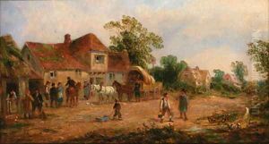 Figues with a haycart before a house