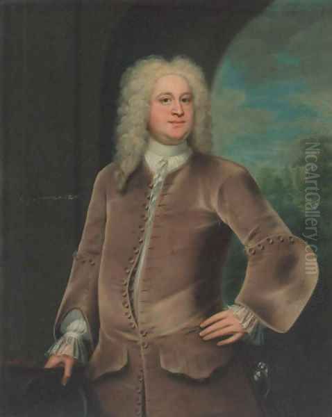 Portrait of Miles Branthwayt (d.1751), three-quarter-length, in a brown coat and waistcoat, holding a hat, a landscape beyond - view 1