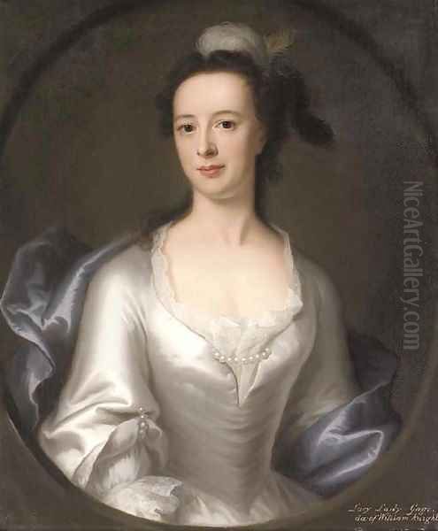 Portrait of Lucy, Lady Gage, daughter of William Knight, half-length, in an oyster satin dress and blue wrap, with a feathered headdress, feigned oval - view 1
