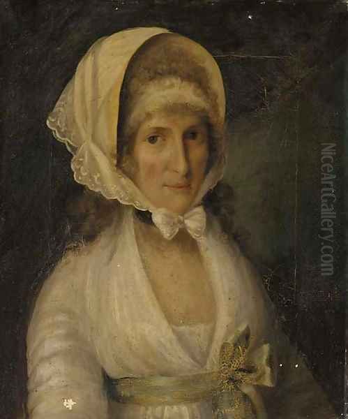 Portrait of Mrs James Beevor, bust-length, in a white dress with a green sash and a white lace bonnet - view 1