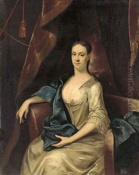 Portrait of Rebecca Branthwayt (d.1740), nee Newton, seated three-quarter-length, in a white satin dress and blue wrap in a draped interior - view 1