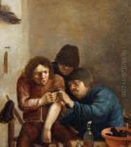 A Peasant Interior With A Doctor Medicating Apatient's Wound by Adriaen Brouwer