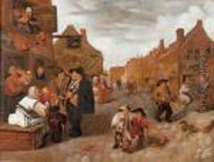 Village Anime Avec Joueur De Vielle by Adriaen Brouwer