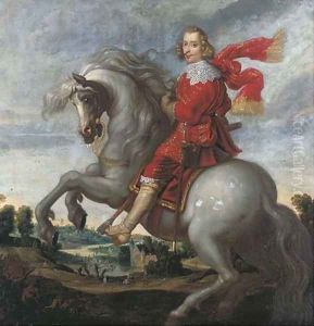An equestrian portrait of the Cardinal-Infante Ferdinand (1609-1641), an extensive river landscape beyond by Pauwels I van Hillegaert
