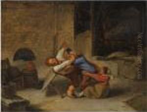 Three Peasants Fighting In A Barn Interior by Adriaen Brouwer