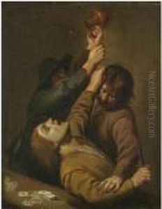 Three Peasants Brawling In A Tavern Interior by Adriaen Brouwer