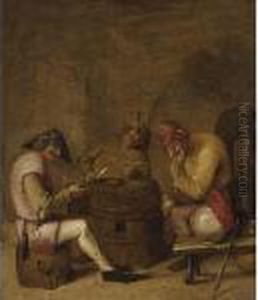 Three Merry Peasants Smoking In An Interior With Another Man Nearby by Adriaen Brouwer