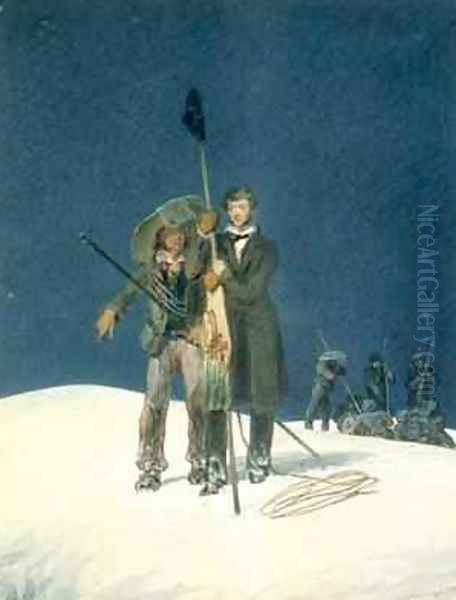 Charles Fellows with William Hawes Plants a Baton on the Summit - view 1