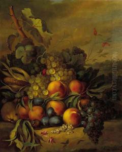 Still life with grapes, peaches and plums in a landscape