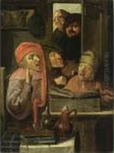 Three Men In An Interior Singing
And Playing The Violin, With Two Others Watching Through A Doorway by Adriaen Brouwer
