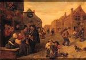 Boors Listening To A Liereman, Outside A Shoemaker's Workshop, In Avillage Street by Adriaen Brouwer