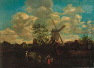 Peasants in a river landscape, a windmill beyond by Claes Hals