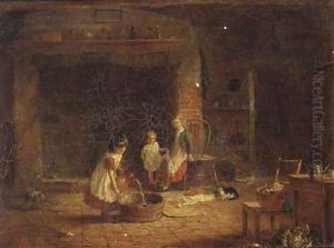Children preparing a tub in a cottage interior by Frederick Daniel Hardy
