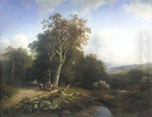 Peasants resting by a tree in a wooded valley