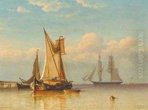 A hay-barge unloading, a Dutch frigat in the distance by Georges Johannes Hoffmann