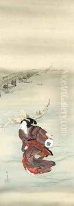 A geisha hunting fireflies in the Sumida River