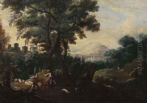 An Italianate landscape with a shepherd couple leading their flock down a path by Jacob De Heusch