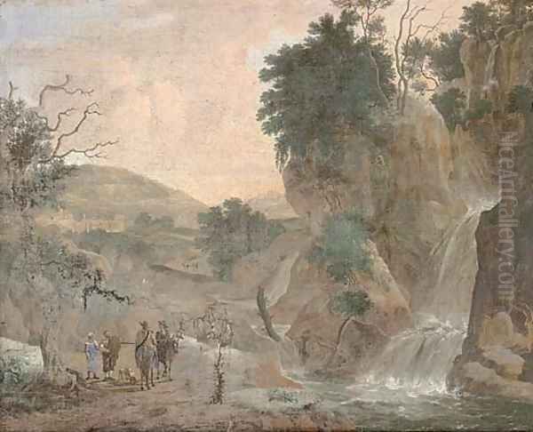 A mountainous river landscape with travellers by a waterfall - view 1