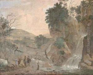 A mountainous river landscape with travellers by a waterfall by Jacob De Heusch