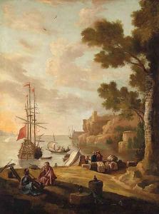 A Mediterranean Coastline with Travellers on the Shore, a Man-o'-War beyond by Jacob De Heusch
