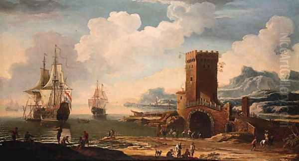 A Mediterranean harbour with a Dutch squadron off the coast and fisherfolk on the shore by a castellated tower - view 1