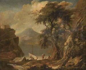 A mountainous river landscape with figures and boats in a wooded inlet